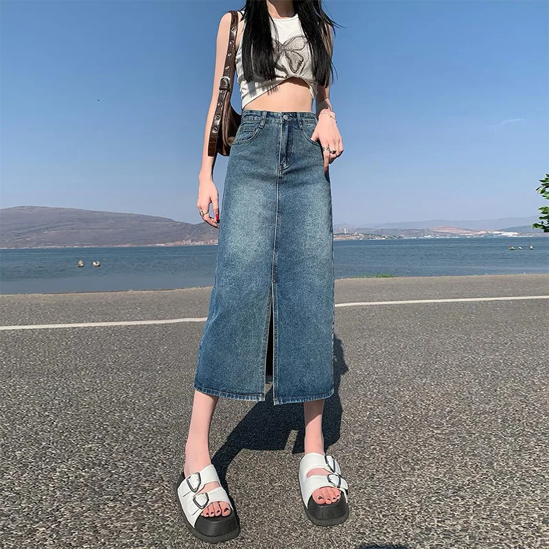 

High Waisted Split Denim Skirts For Women Summer New A-line Slim Wrapped Buttocks Skirt