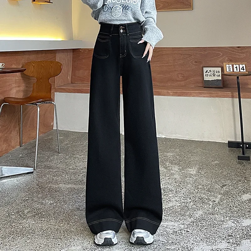 

Spring and Autumn New Women's Simple Denim Wide-leg Pants.Comfortable Baggy Water Washing High-waisted Straight Leg Jeans Women、