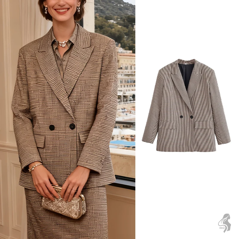 

Womens Houndstooth Vintage Blazer Double Breasted Loose Fit Autumn And Winter Commuter Casual Suit Jacket Woman Clothes Tops