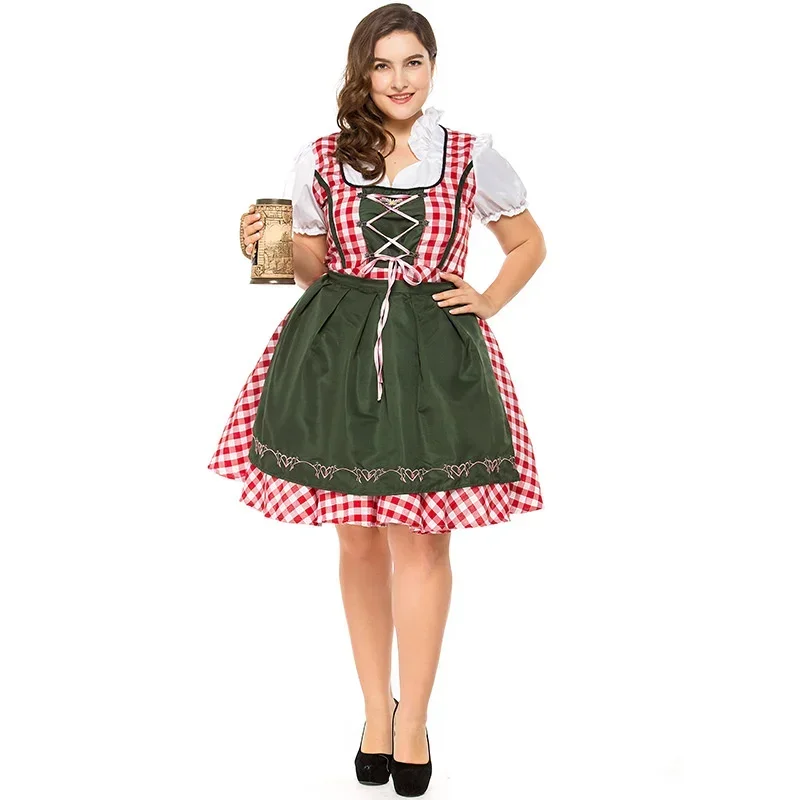 Traditional Bavarian Oktoberfest Costumes Women Apron Dress Plaid Dirndl Dresses German Beer Wench Maid Cosplay Party Dress