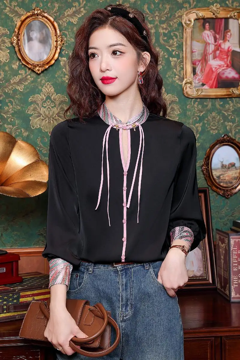 Langarm Stehkragen Frauen Bluse Stickerei chinesischen Stil Chiffon Bluse Shirt Frauen Tops Blusas Mujer de Moda 2024 J821