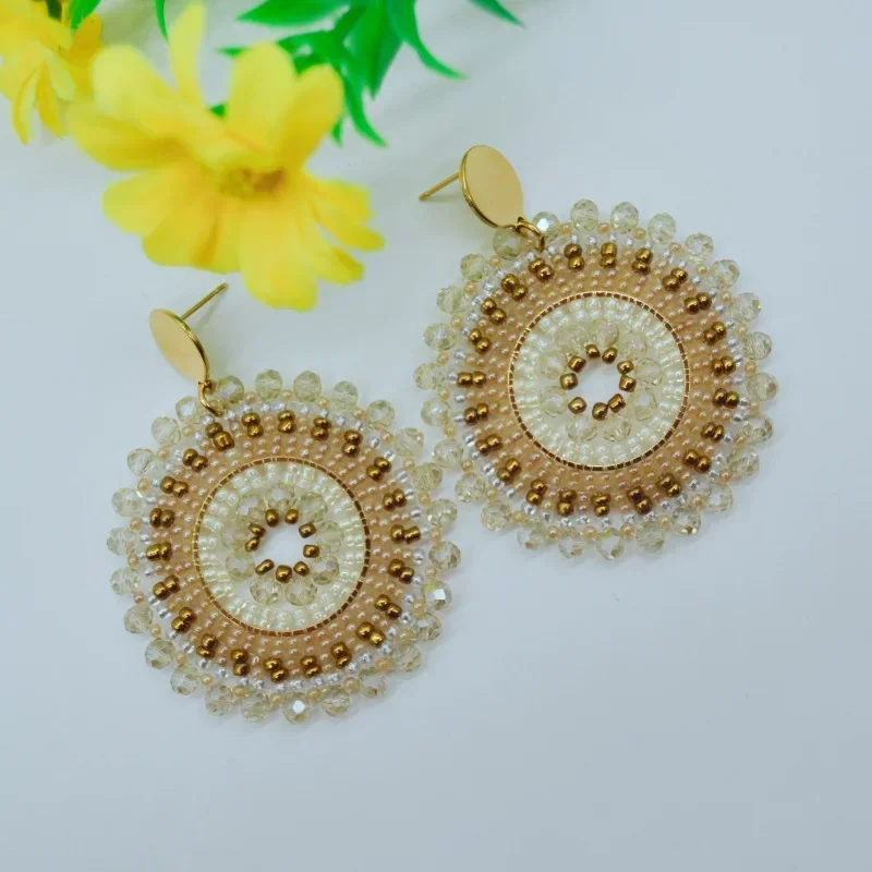Bohemia Rice bead earrings Circle Water drop Color mixing Crystal Hand-woven Alloy Personality Fashion Creativity Charm Beaded