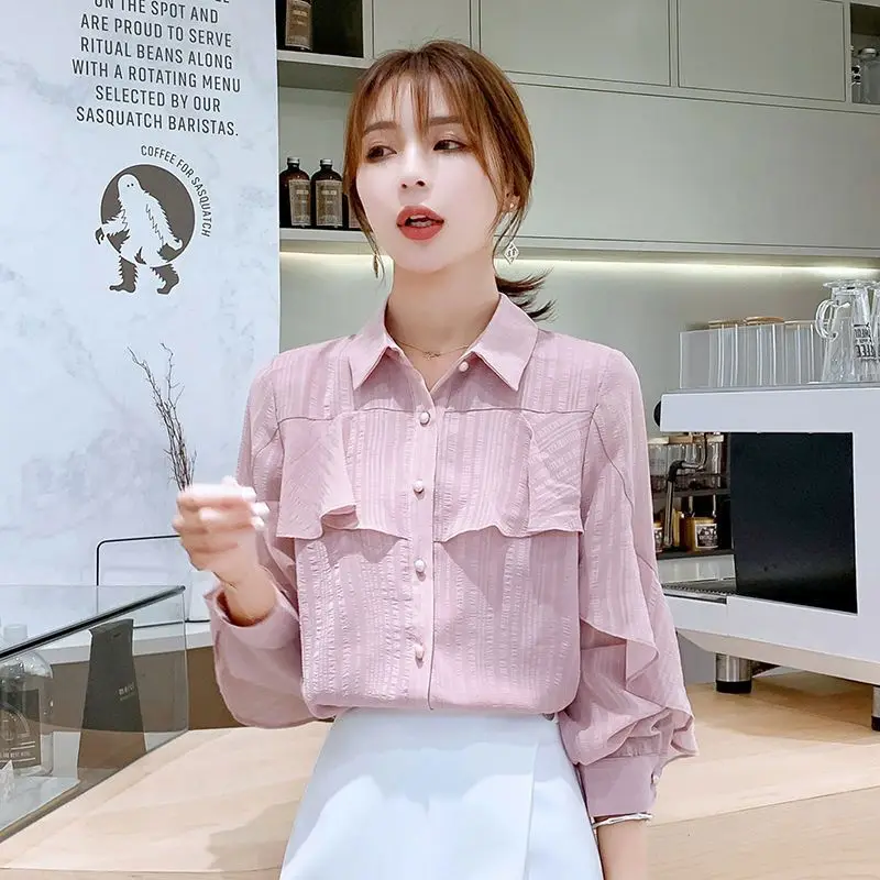 Spring Summer New Pleated Patchwork Loose Blouse Long Sleeve Chiffon Solid Color Elegant Shirt Tops Fashion Office Women Clothes