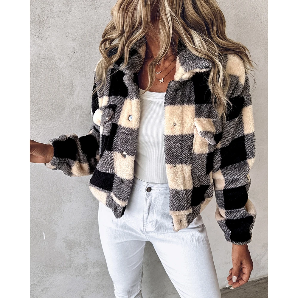 Autumn Winter Casual Women Plaid Print Colorblock Fleece Teddy Coat Femme Pocket Design Turn-down Collar Jackets