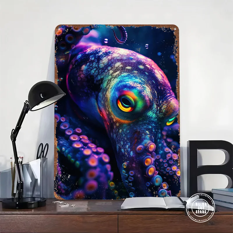 Octopus Eye Close-Up - Neon Octopus 3D Texture Printed Poster Custom Vintage Metal Tin Plate Sign for Wall Art Home Decor Items