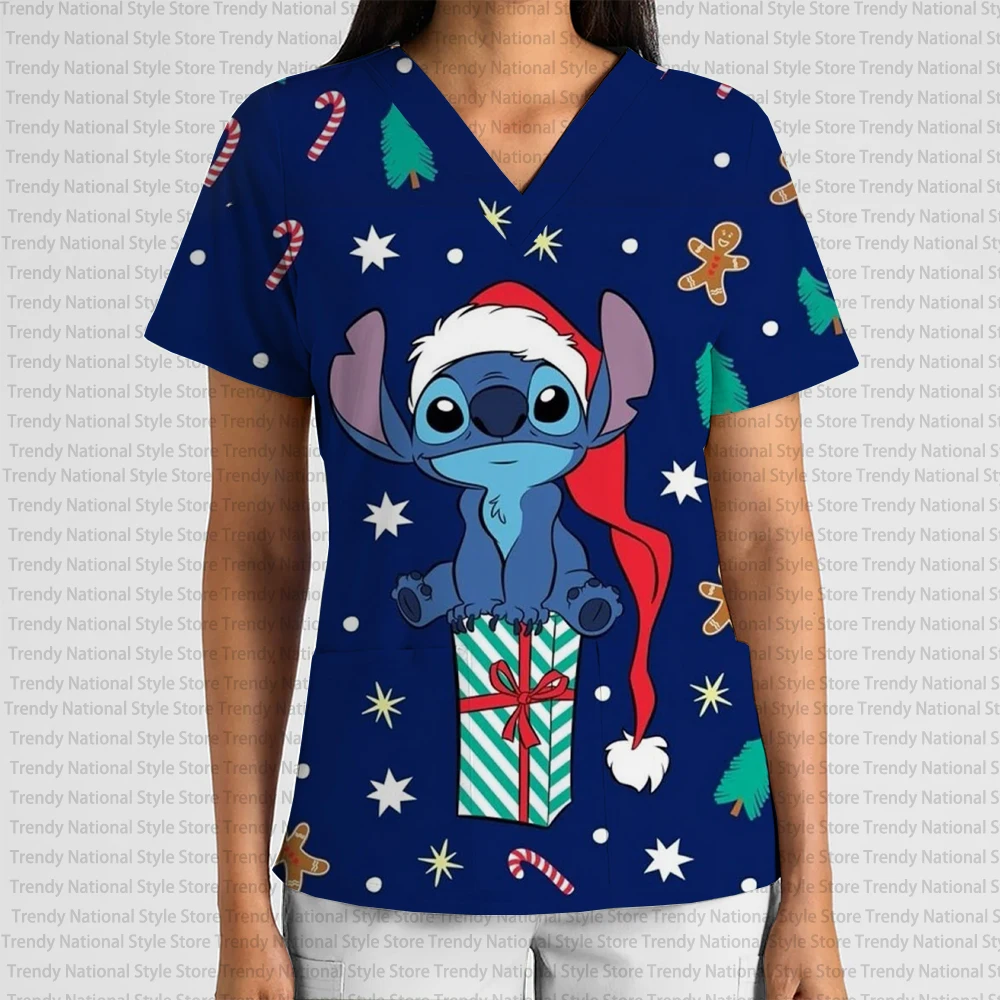 ديزني عيد الميلاد غرزة مطبوعة ثوب جراحي موحدة ممرضة صالون تجميل الرعاية الطبية ثوب جراحي المرأة تي شيرت