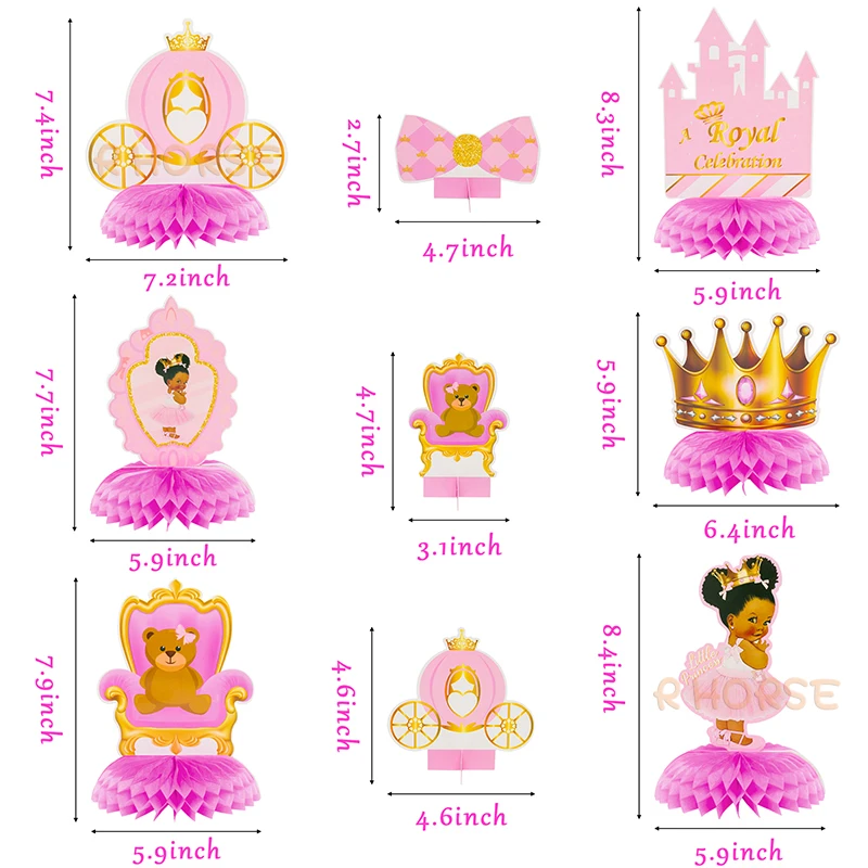 Centre de Table en forme de couronne pour petites filles, 12 pièces, thème africain et américain, nid d'abeille rose Royal, décoration de fête, révélation du genre