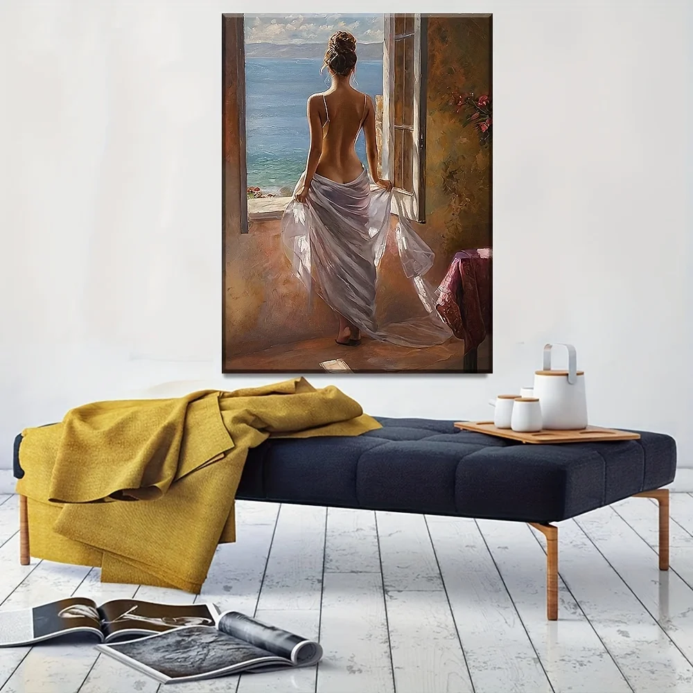 Elegant Mediterranean Canvas Wall Art - HD Seaside Painting with Wood Frame for Serene Home Decor, Ocean Theme Decoration
