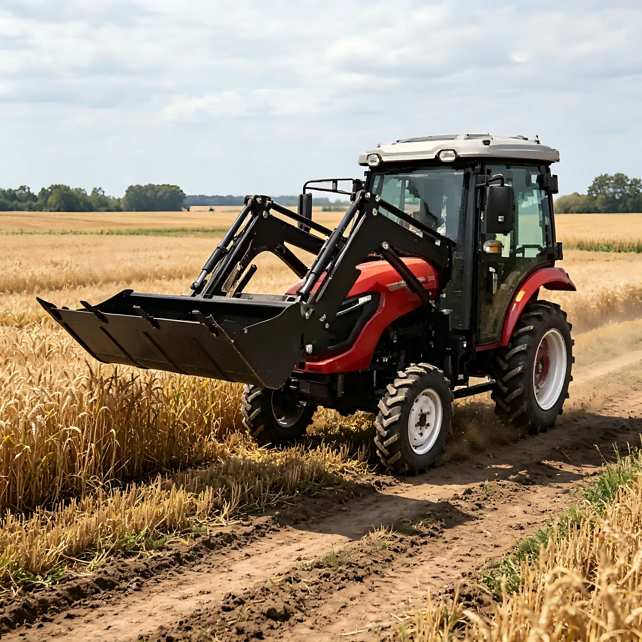 Affordable, high-capacity, compact 4x4 tractor with front loader and backhoe, ready for immediate delivery