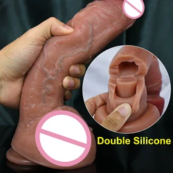 Realistic Soft Double Layer Silicone Dildo Real Vein Penis Masturbators Double Cock Women Anal Sex Toy Powerful Suction Cup Dick