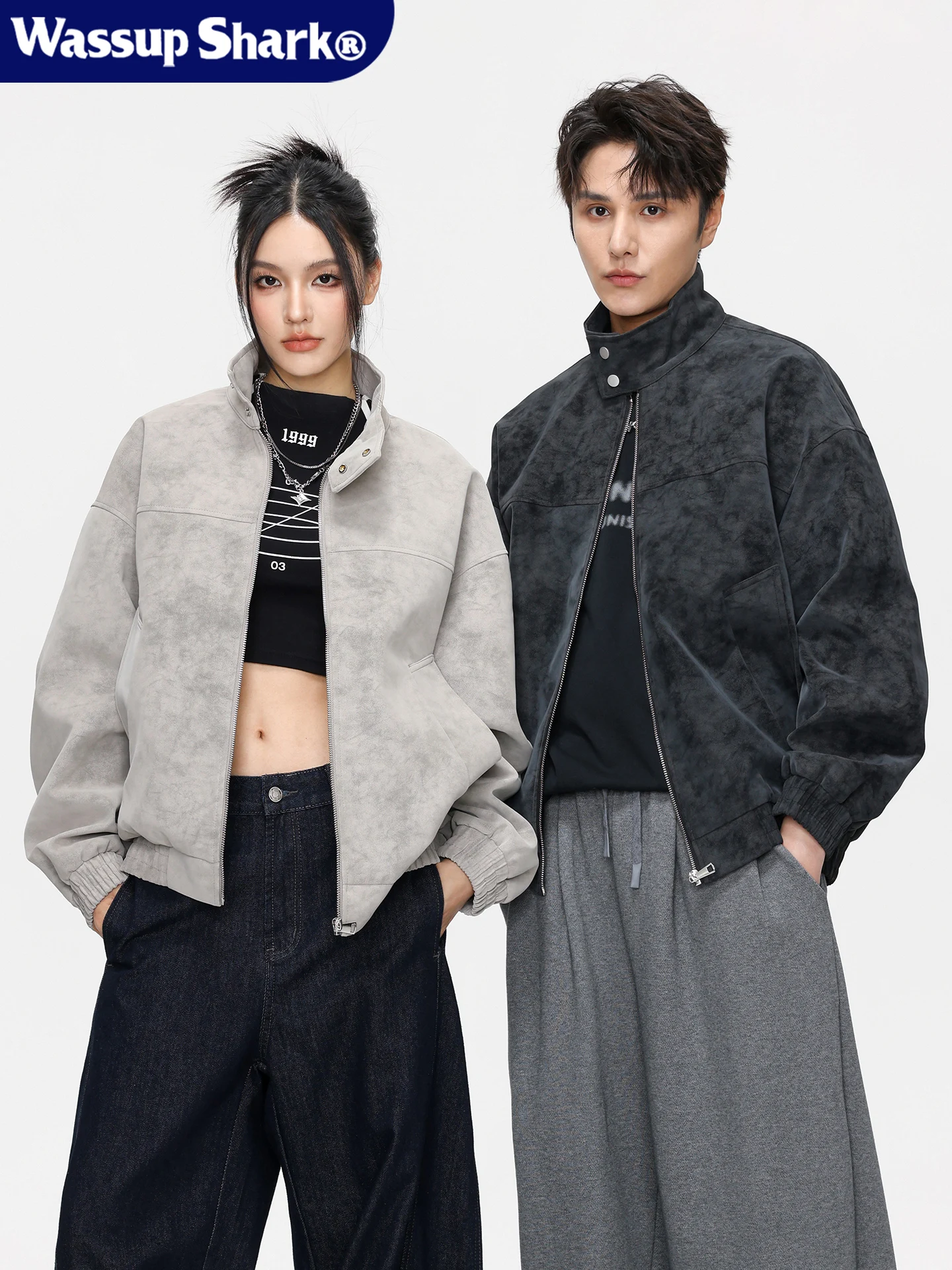 

Wassup ark American Retro Tie Dye PU Leather Jaet Men's Autumn Winter Loose Cool Sle Zipper Closure Stand Collar Coat