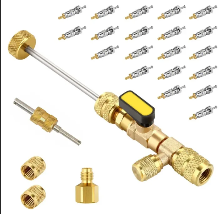 Air Conditioning Valve Core Removal Tool Brass Wrench For 1/4 And 5/16 Inch AC Repair With 20 Cores Kit