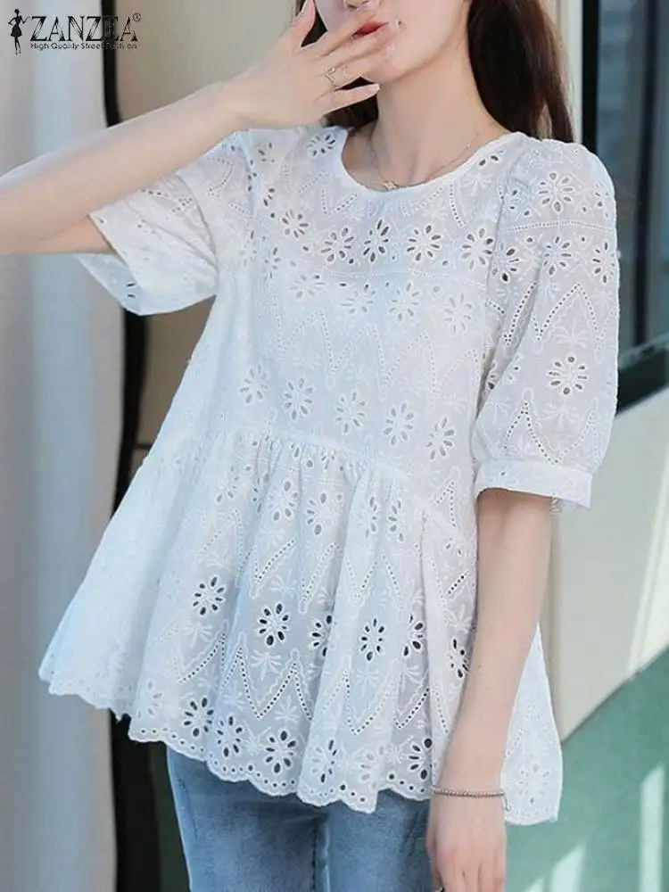 ZANZEA Summer Lace Patchwork Shirt Tops Hollow Out Embroidery Korean Fashion Solid Ruffled Hem Blouse Elegant Women Blusas Mujer