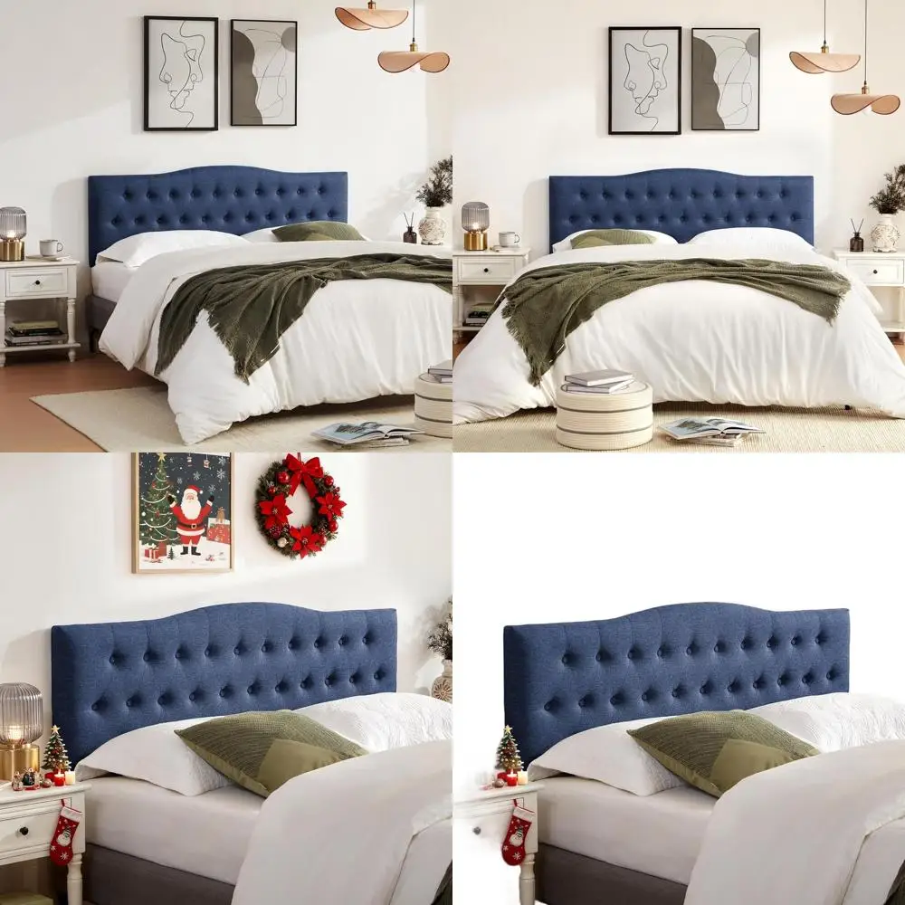 

Queen Size Upholstered Bed Frame with Solid Wood, Adjustable Height from 37 to 51, Blue Diamond Stitched Headboard