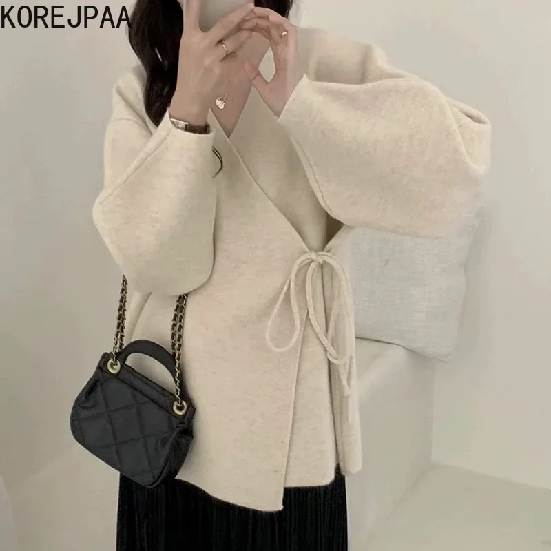 Korejpaa Elegant Cardigans Sweater Women Korean Fashion V Neck Lace Up Gentle Solid Cardigan Knitwear 2023 Autumn Winter Clothes