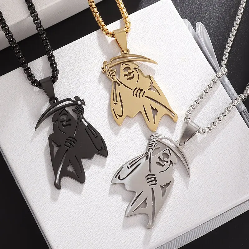 Stainless Steel Hip Hop Hell Reaper Pendant Death Scythe Necklace Men's Personalized Punk Hip Hop Rock Halloween Jewelry Gift