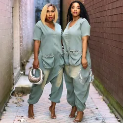Women Jeans Washed Denim Jumpsuit Pants Ankle Length Jean V Neck Loose Overalls Pockets Solid Basics 2026 Casual Spliced Rompers