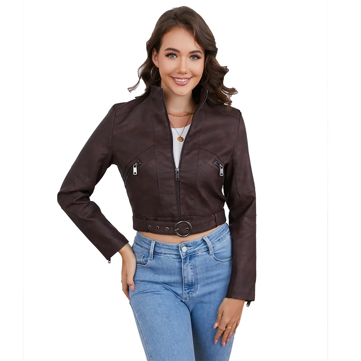 Chaqueta de cuero de manga larga estilo motocicleta para mujer, abrigo con cremallera, ropa de abrigo elegante para primavera y otoño
