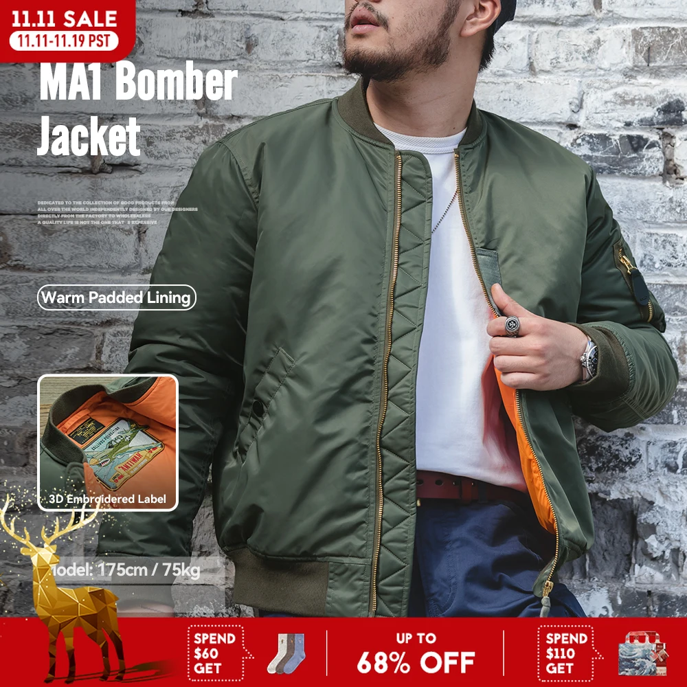 

Винтажная куртка-пилот Maden MA1, зеленая утолщенная куртка на хлопковой подкладке, повседневная мужская верхняя одежда на молнии с бейсбольными карманами на осень