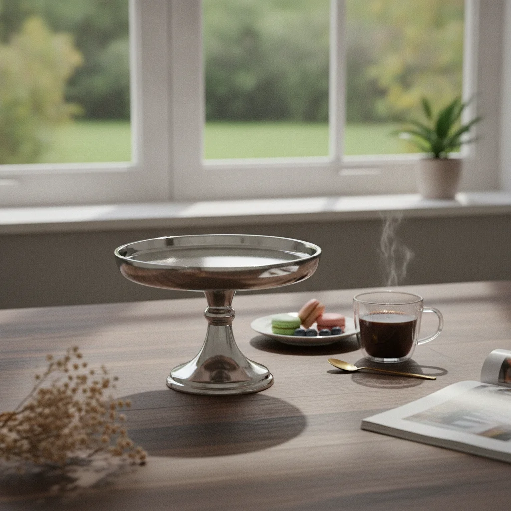 Pedestal Dessert Stand with Raised Rim Reflective Stainless Steel Dessert Stand Serving Platter Long-Lasting Food-Safe