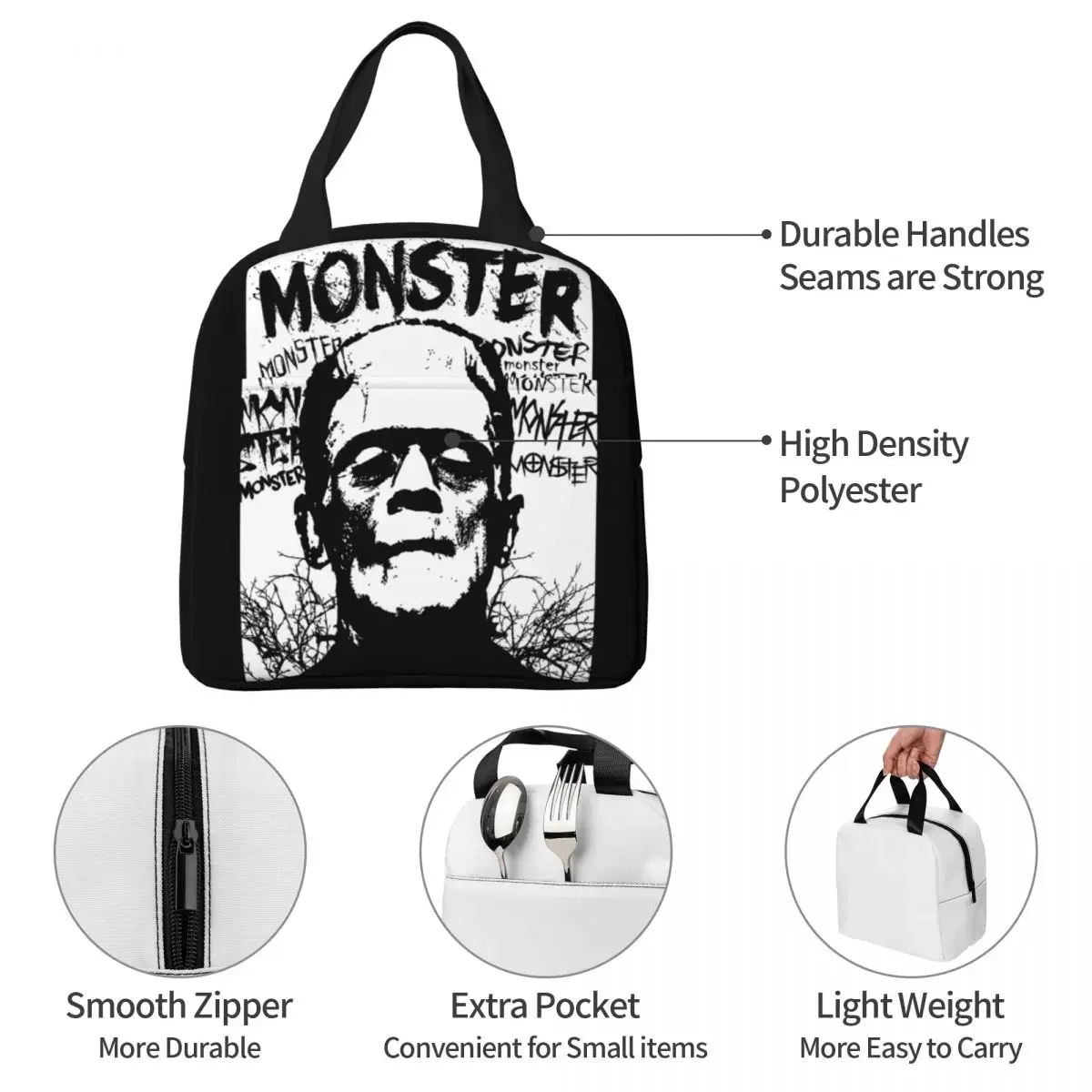 Monster Insulated Lunch Bags Portable Frankenstein Horror Movie Lunch Container Cooler Bag Tote Lunch Box School Travel