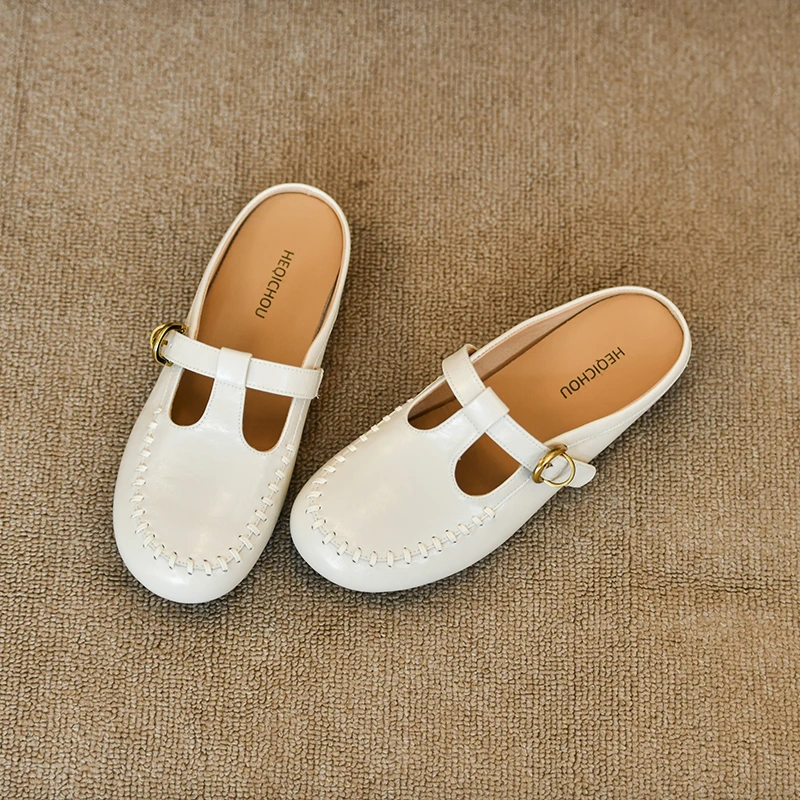 Fashion Sewing Flat Slippers Summer Pull on Women Mules Belt Buckle Ladies Slides Shoes Outdoor Casual Round Toe Moccasins New view 6