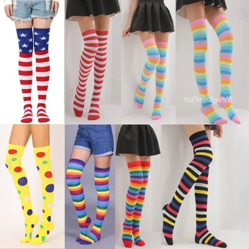 Women Thigh Knee High Socks Rainbow Striped Stockings Kawaii Thigh High Spotted Sock