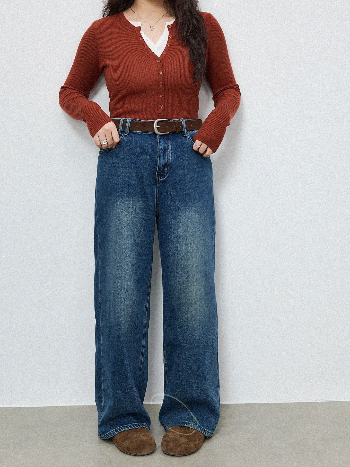 

Женские джинсы больших размеров с подкладкой, широкие штанины, прямой крой, высокая талия, зимние, облегающие, из комфортного хлопкового денима