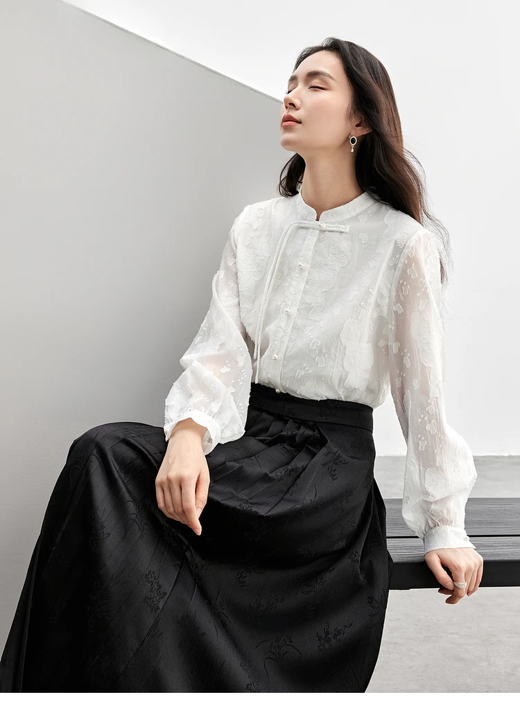 

SENTUBILA Элегантная жаккардовая женская рубашка 2024, весенне-осенний стиль Chineae, шикарный топ с длинными рукавами и жемчужными пуговицами 151C57835