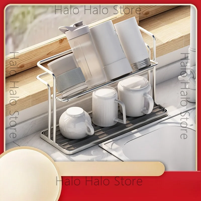 Stainless steel double-layer water cup holder upside down teacup glass drain storage rack household water cup tray rack