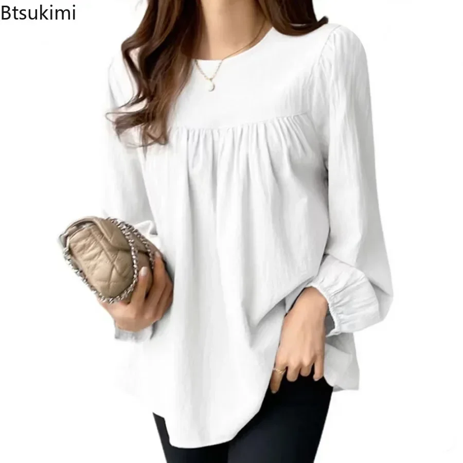 2024 Fashion Elegant Solid Blouse for Women Long Sleeve O-neck Casual Office Lady Tops Simple Loose Plus Size Shirt Blusas Mujer