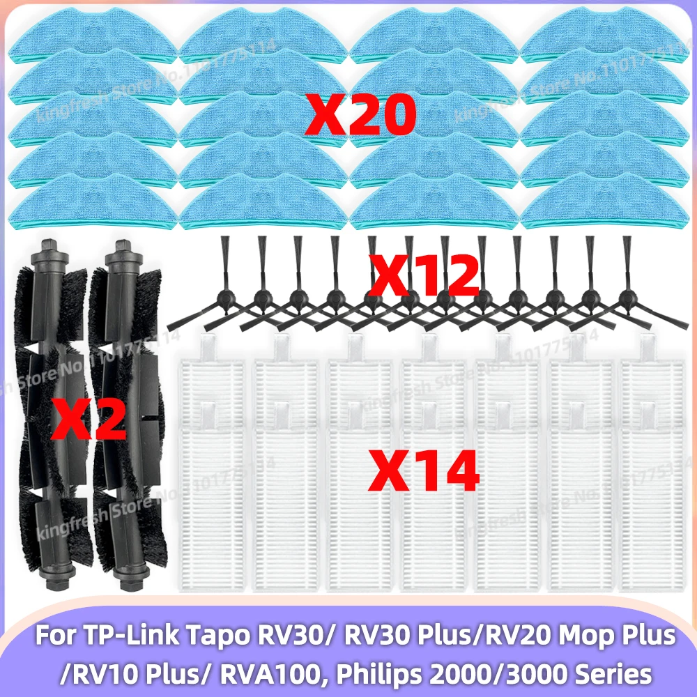Compatible con ( TP-Link Tapo RV30 Plus /RV20 Mop Plus/RV10 Plus/ RVA100, Philips Homerun 2000/3000 Series XU2000 XU2100 ) Piezas de aspiradora Rodillo principal Cepillo lateral Filtro HEPA Paño de limpieza Accesorios