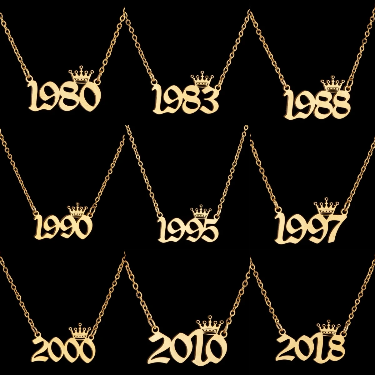 Stainless Steel Birth Year Number Necklace With Crown For Women Girls Pendant Chain Birthday Gift From 1980 to 2024