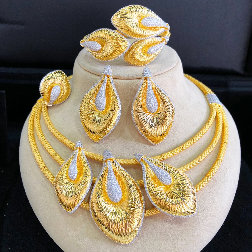 GODKI Luxury Royal 4PCS Lily Flower African Jewelry Sets For Women Wedding Party Full Cubic Zircon Dubai Bridal jewelry Set Gift