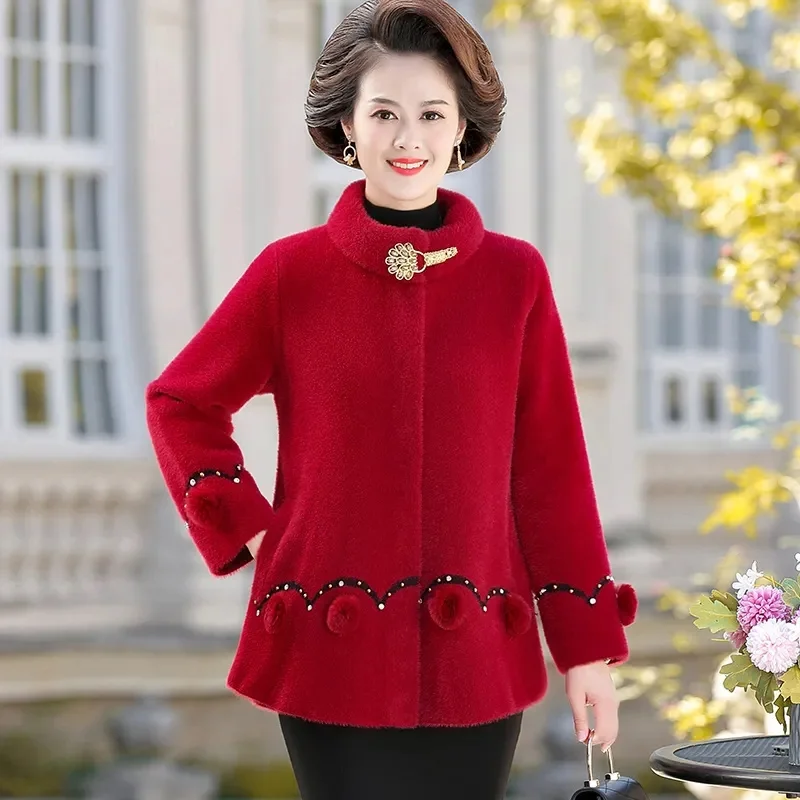 Fashionable Mom Autumn/Winter Mink Fur Coat Middle-Aged And Elderly Women's Loose Cardigan High Neck Coat Imitation fur co