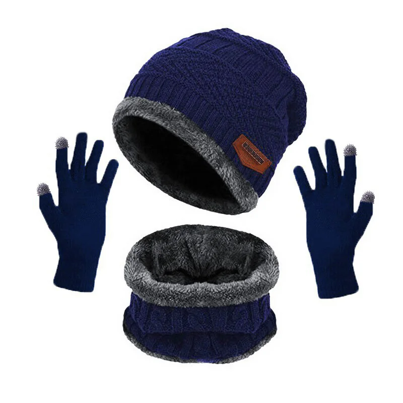 3Pcs Men Hats Scarf Sets Outdoor Winter Warm Soft Touch Screen Gloves Solid Windproof Hats Scarf Set For Students Boys