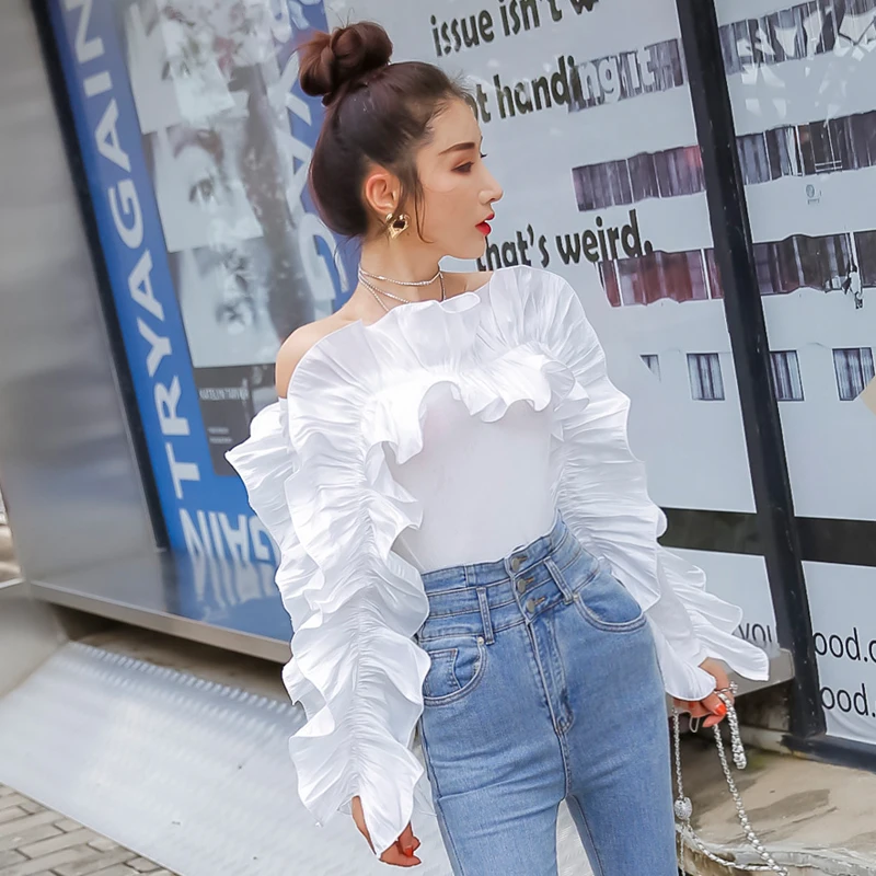 Korean Fashion Spring Women Slim Long Brtterfly Sleeve Slash Neck Ruffles Blouse Sexy Shirts Ladies Tops Mujer Fall T-shirts New