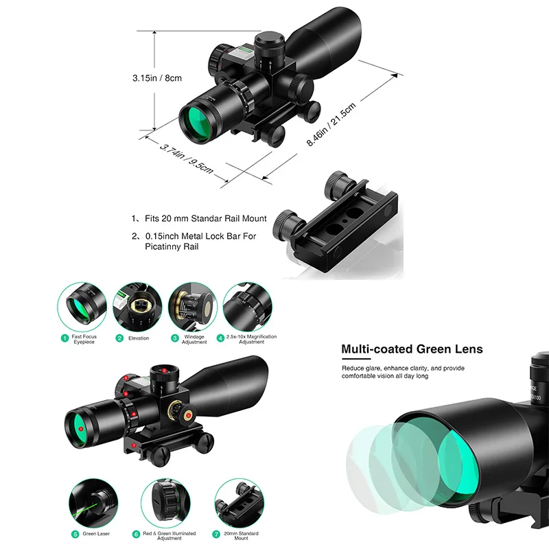 Mira telescópica MidTen 2.5-10x40 con retícula Mil-dot iluminada en rojo y verde - Lente de color verde y soportes de aluminio para riel Picatinny de 20 mm