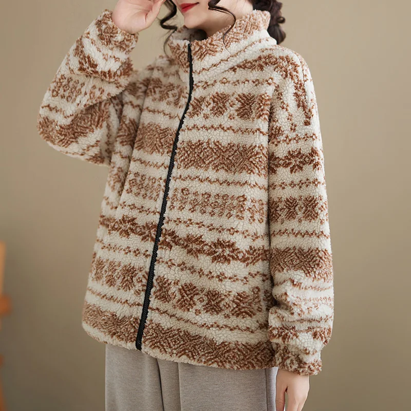 الخريف الشتاء Thiened معطف الصوف السيدات حجم كبير فضفاض طويل Sve سستة حتى مخطط المرأة ملابس خارجية Jaet