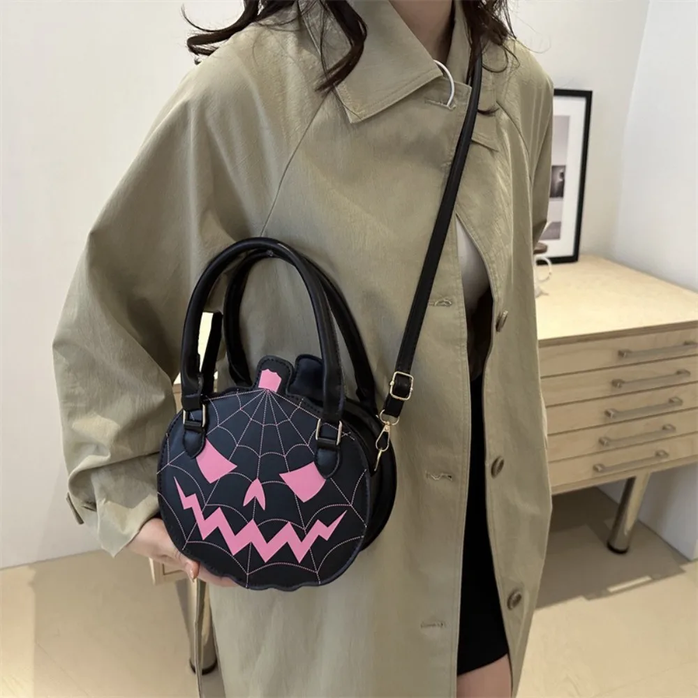 

Simple Skull Halloween Shoulder Bag Round PU Pumpkin Shape Bag Contrasting Colors Small Purse Ghost Handbag Women