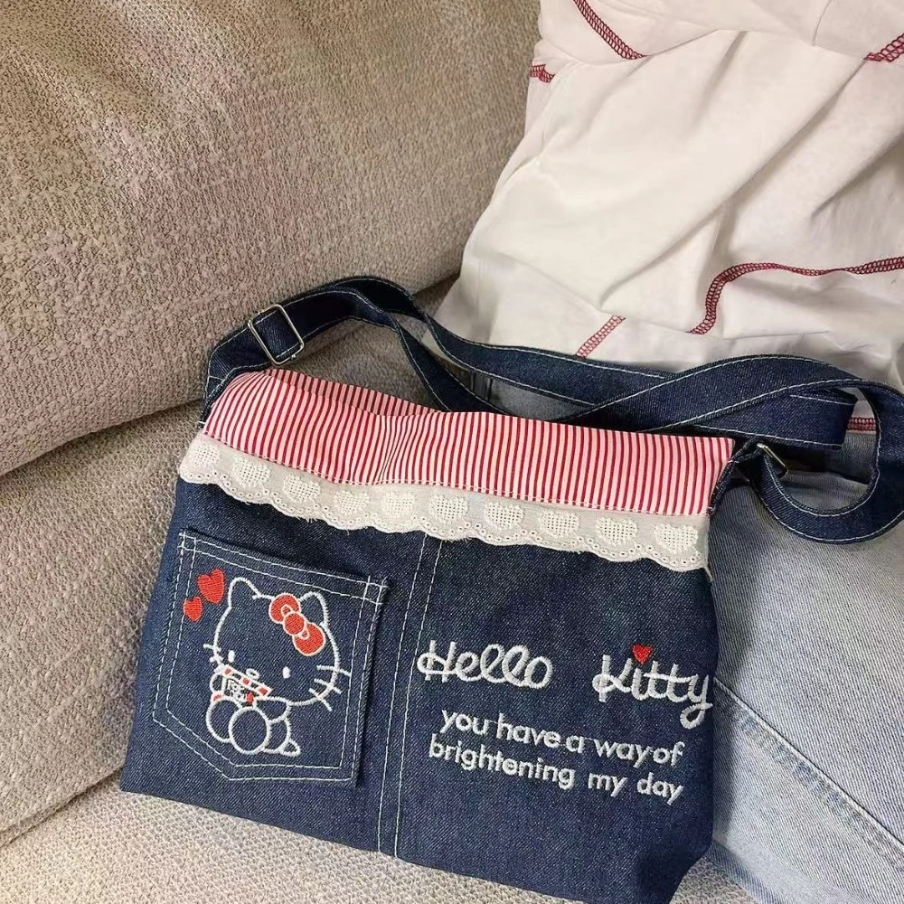 

Сумка на плечо Sanrio в контрастную полоску с вышивкой, женская сумка на плечо Hello Kitty, универсальная сумка-тоут Kawaii, сумка на плечо
