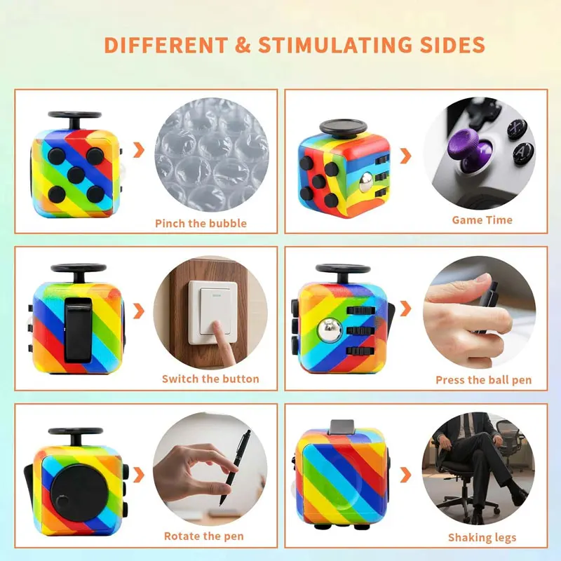 Kostka antystresowa Fidget Cube, 8 modeli, 3,4 cm, 40 g, spinner do rąk, narzędzie dekompresyjne dla osób z autyzmem, ADHD, lękami, redukujące stres, dla dzieci i dorosłych.