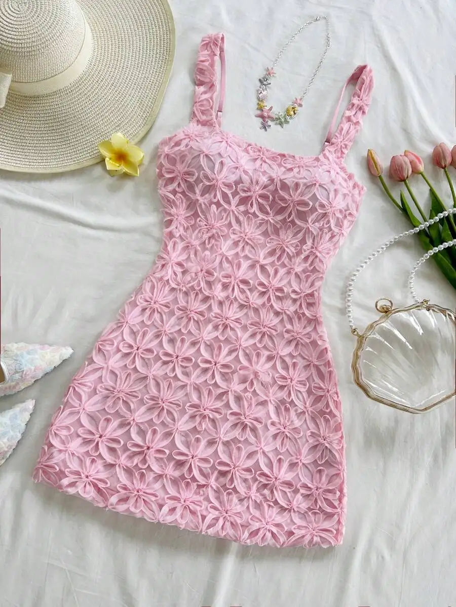 

Pink Floral 3D Texture Bodycon Mini Dress Sleeveless For Summer Garden Party Vacation
