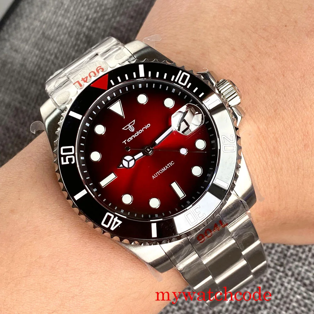 40mm Tandorio marka NH35AA czerwona tarcza szafirowy kryształ świecący automatyczny męski zegarek bransoletka z ostrygami