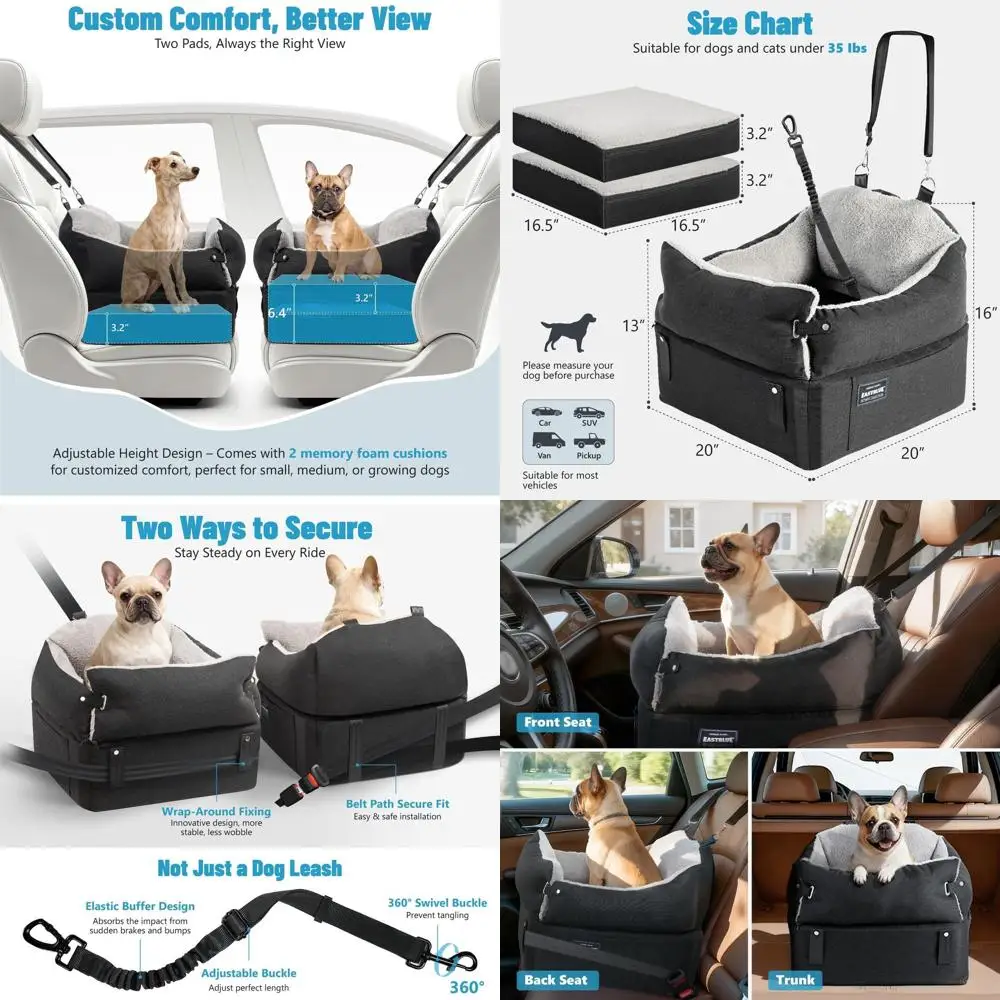 

Elevated Pet Car Seat for Small to Medium Dogs: Washable, Memory Foam Cushioned Travel Bed for Dogs and Cats up to 35 lbs