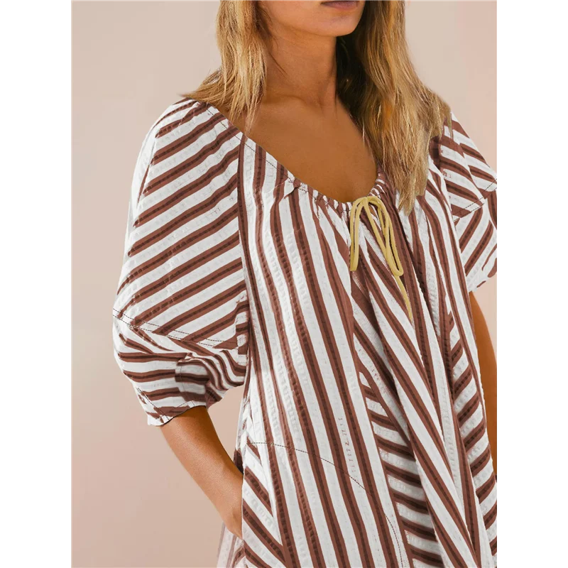 CYL-Womens فستان رومبير مخطط كبير الحجم بذلة ملابس عطلة الشاطئ مع جيوب