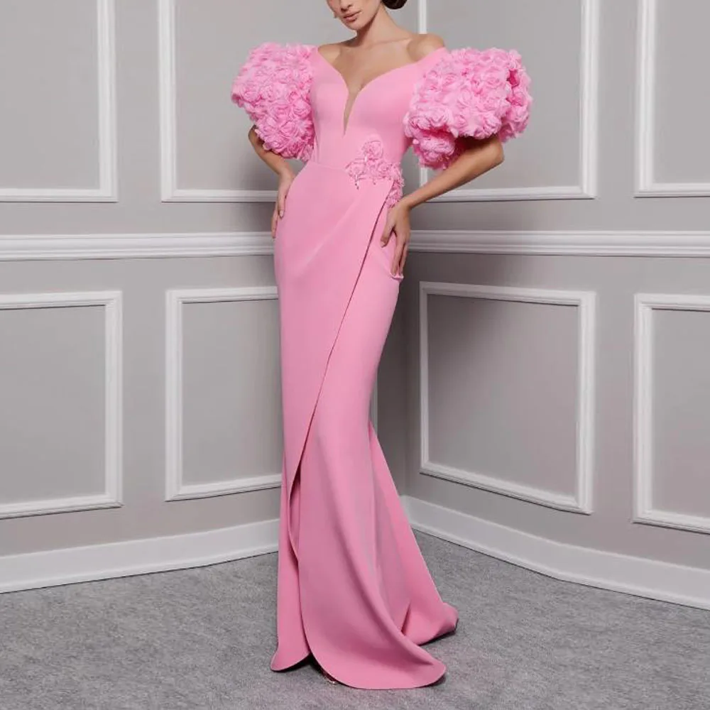 

Customized Pink Rose Evening Dresses with Slit Off the Shoulder Short Sleeve Formal Gown Beading Flower Satin vestidos elegantes