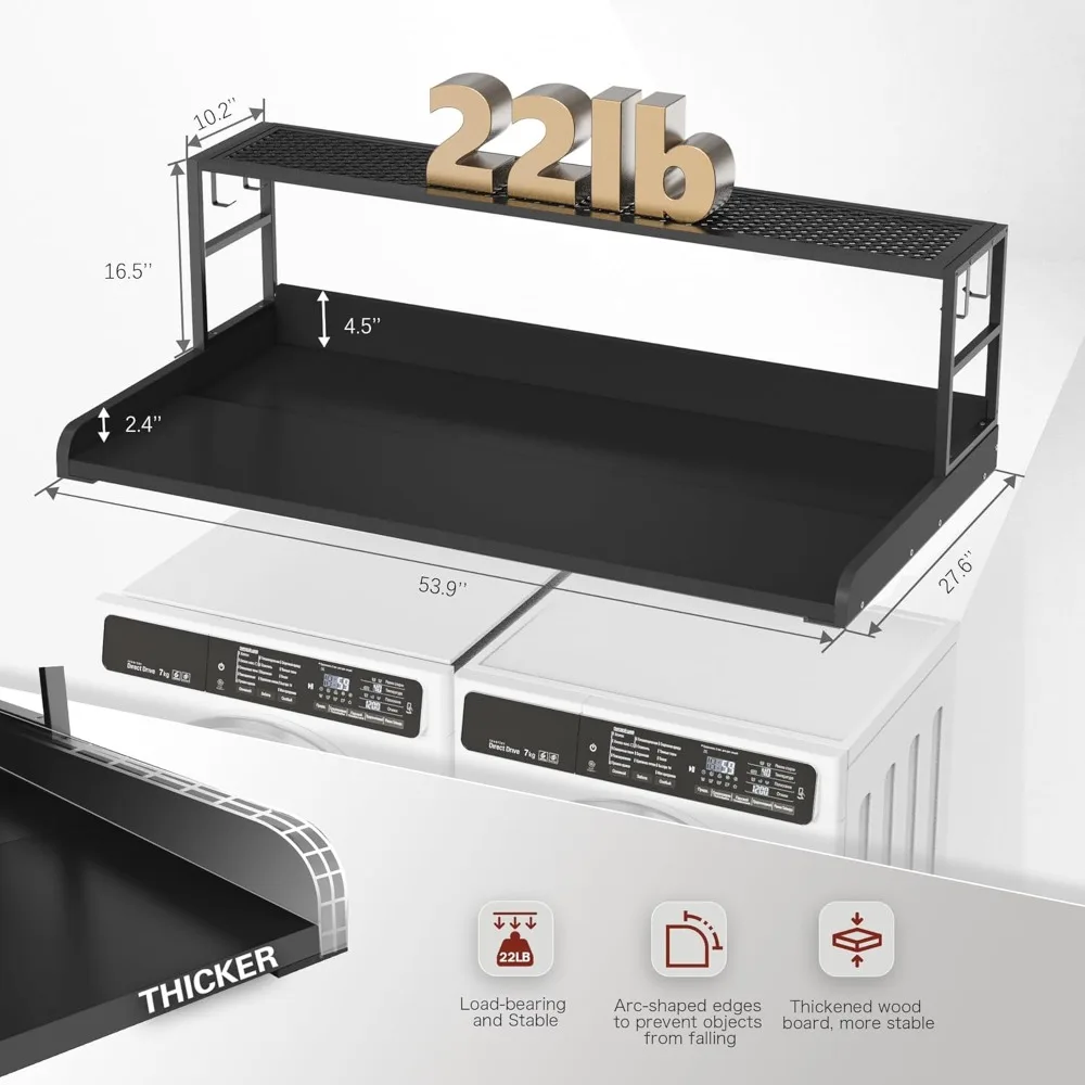 

Furniture-Wood Countertop for Washer and Dryer with Shelf Anti-Slip Strips and Edge Rails 27.55 Inch Depth 54 Inch Width Black