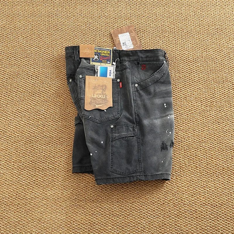 

Мужские джинсовые шорты в американском стиле ретро, окрашенные распылением, потертые, стираные, сверхпрочные, свободные, прямые брюки пяти четвертей.