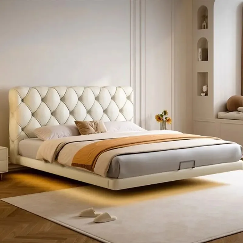 Modern Platform Double Bed Comforter Luxury Beige Bedframe Headboards Queen Bed Bases Full Size Lit 2 Personnes Furniture Home